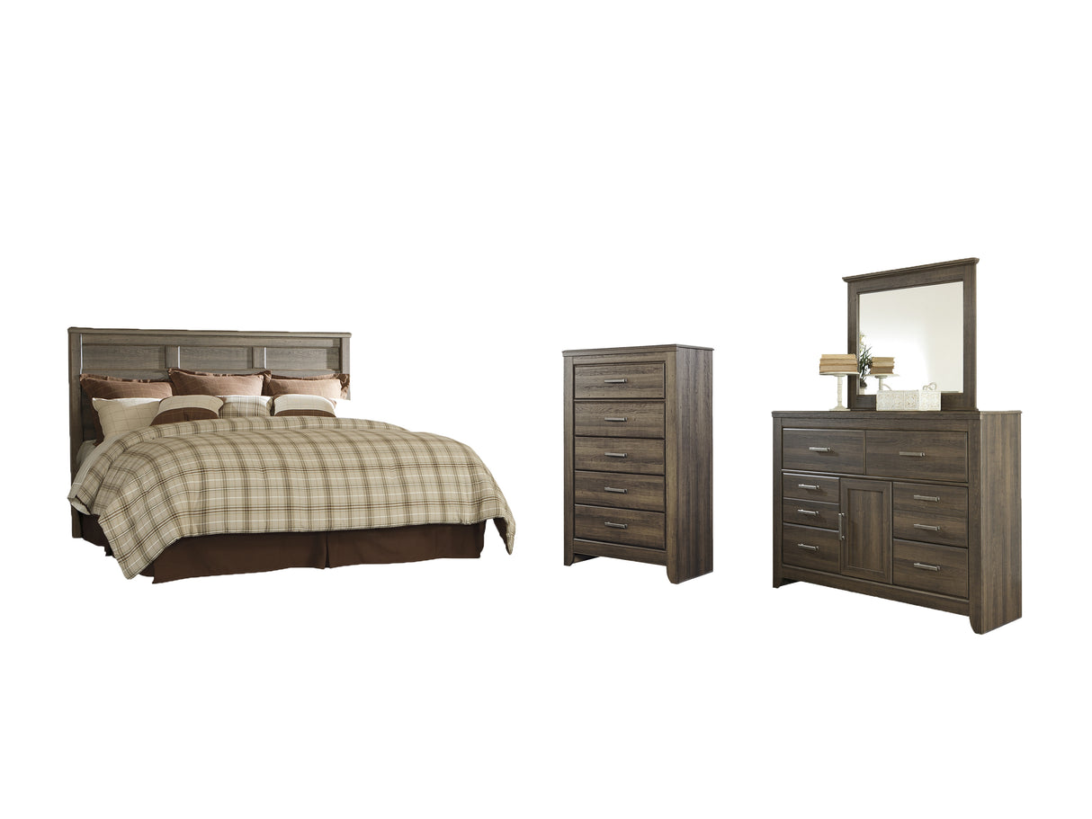 Juararo King/California King Panel Headboard Bed with Mirrored Dresser and Chest in Dark Brown - PKG004032