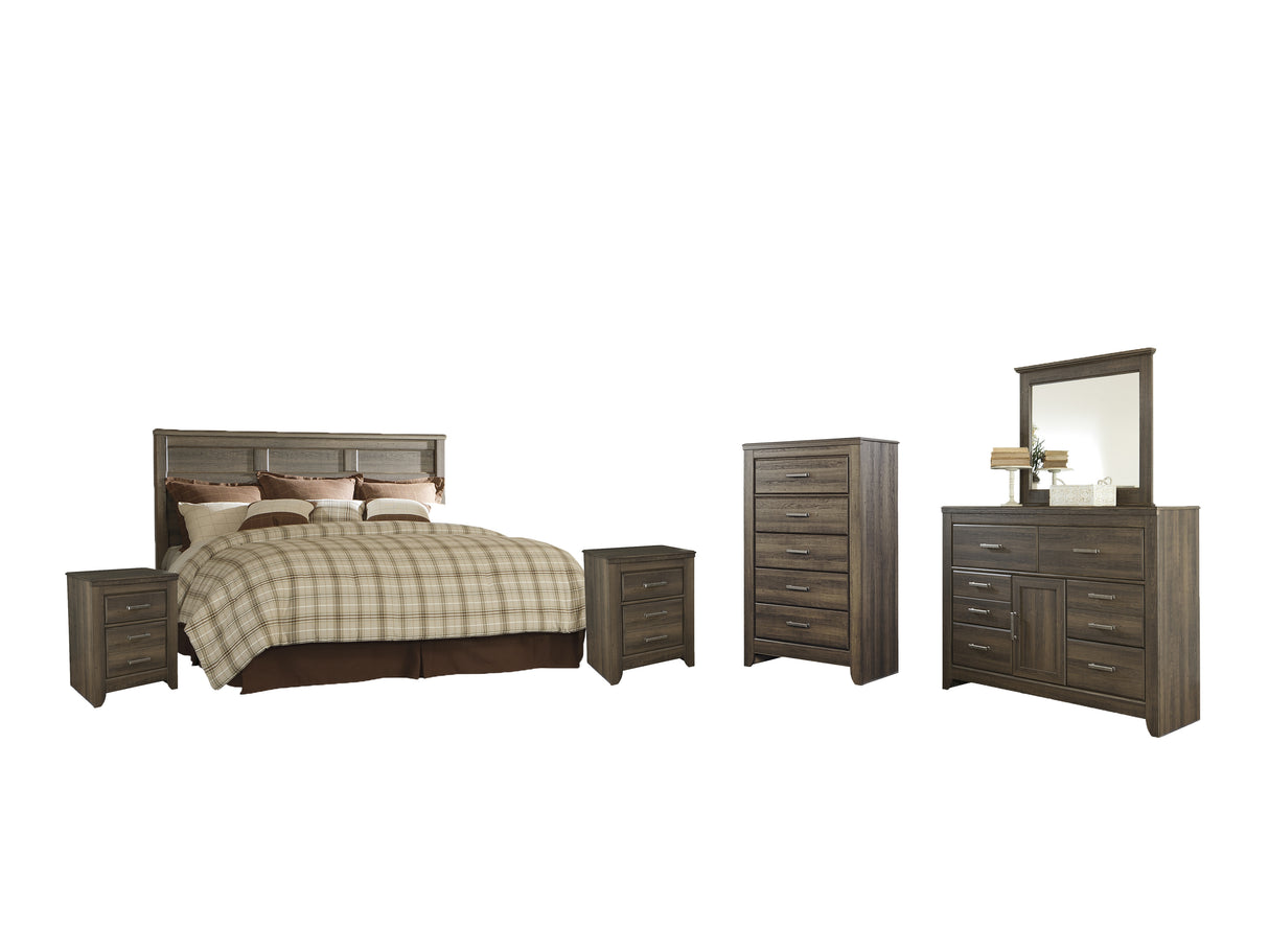 Juararo King/California King Panel Headboard Bed with Mirrored Dresser, Chest and 2 Nightstands in Dark Brown - PKG004034