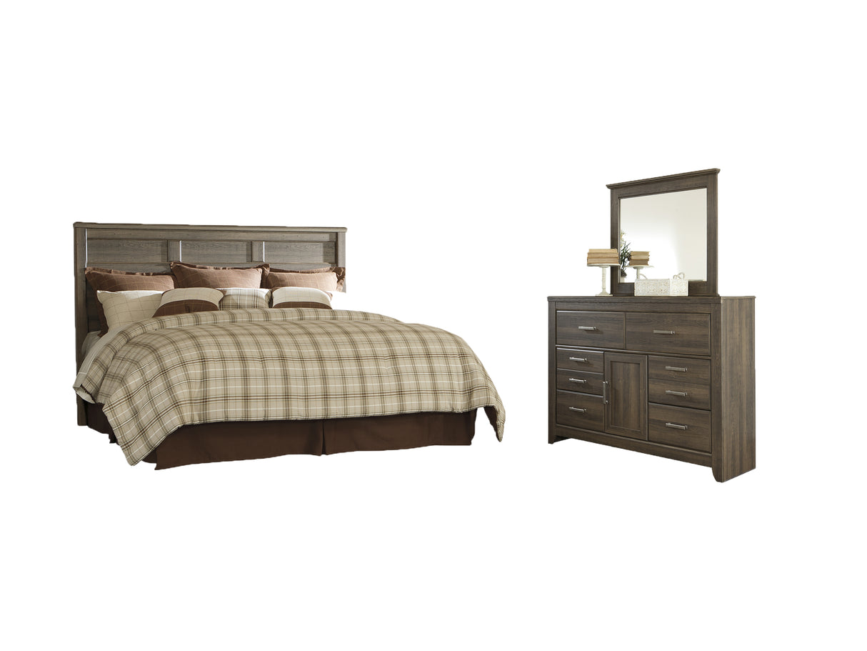 Juararo King/California King Panel Headboard Bed with Mirrored Dresser in Dark Brown - PKG004030