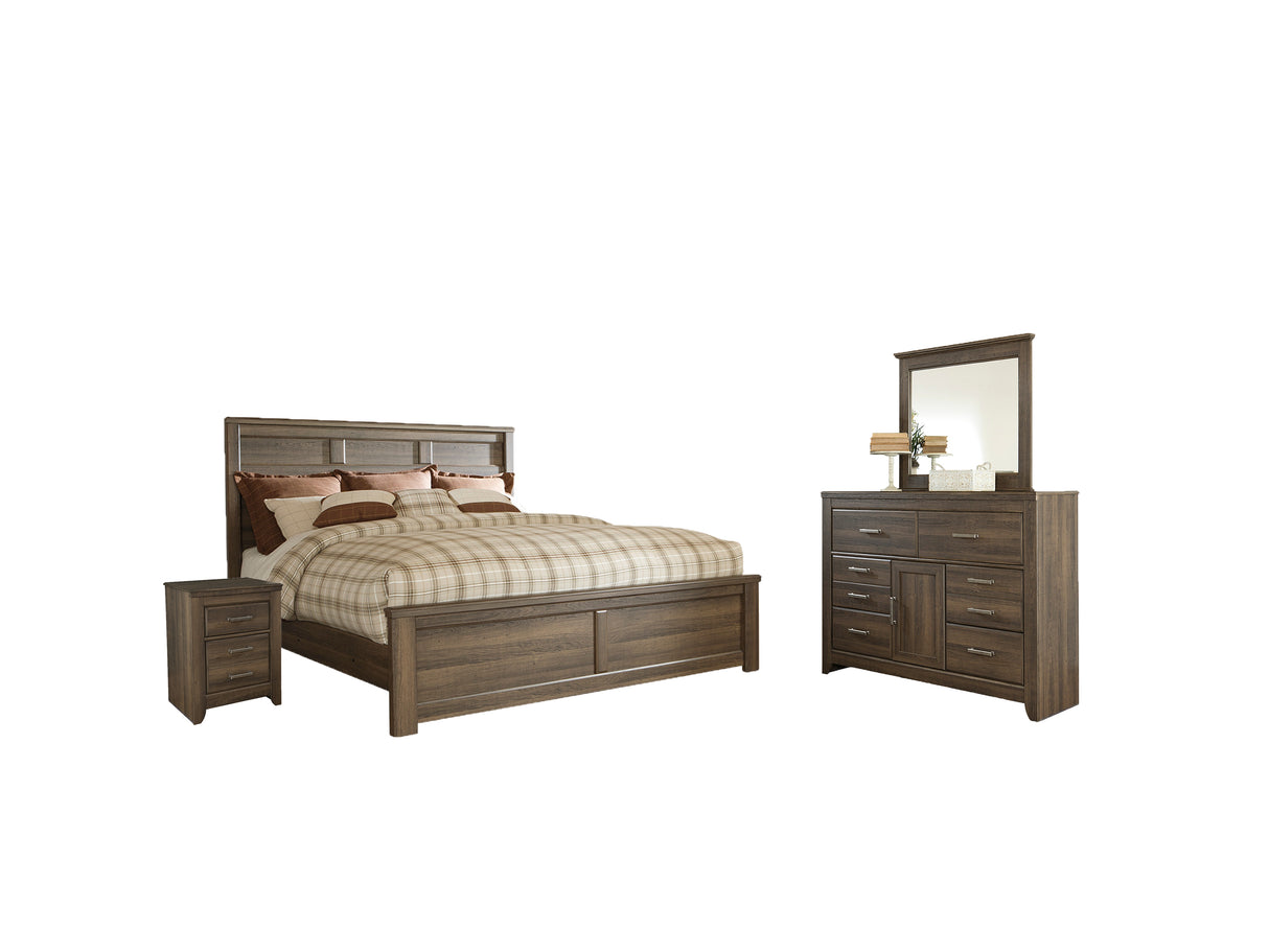 Juararo King Panel Bed with Mirrored Dresser and 2 Nightstands in Dark Brown - PKG004071