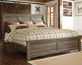 Juararo King Panel Bed with Mirrored Dresser and 2 Nightstands in Dark Brown - PKG004071