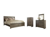 Juararo King Panel Bed with Mirrored Dresser and Chest in Dark Brown - PKG004072