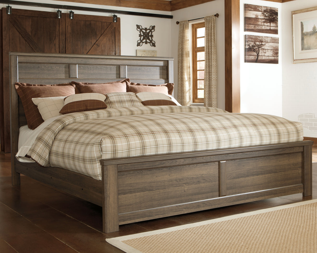 Juararo King Panel Bed with Mirrored Dresser and Chest in Dark Brown - PKG004072