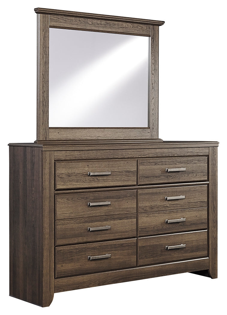 Juararo King Panel Bed with Mirrored Dresser and Chest in Dark Brown - PKG004072