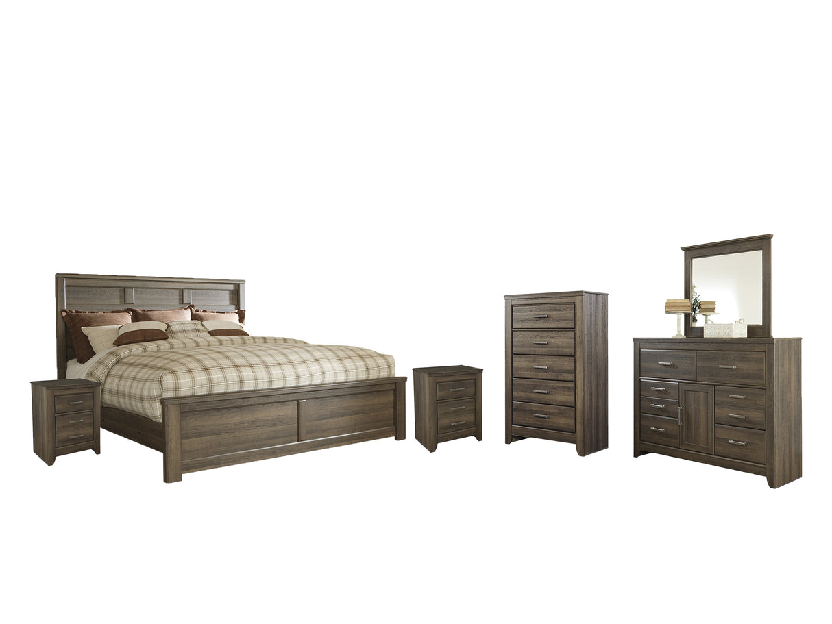 Juararo King Panel Bed with Mirrored Dresser, Chest and 2 Nightstands in Dark Brown - PKG004074