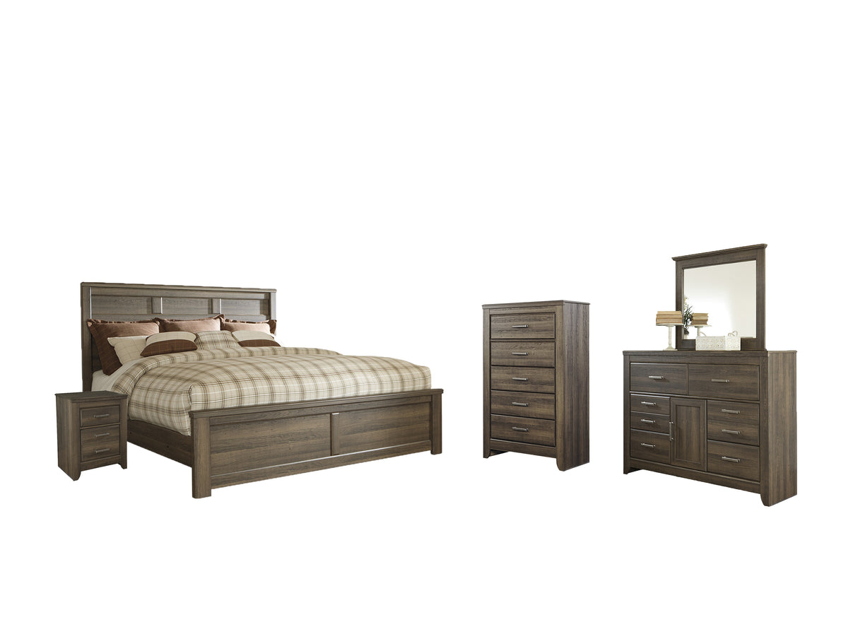 Juararo King Panel Bed with Mirrored Dresser, Chest and Nightstand in Dark Brown - PKG004073