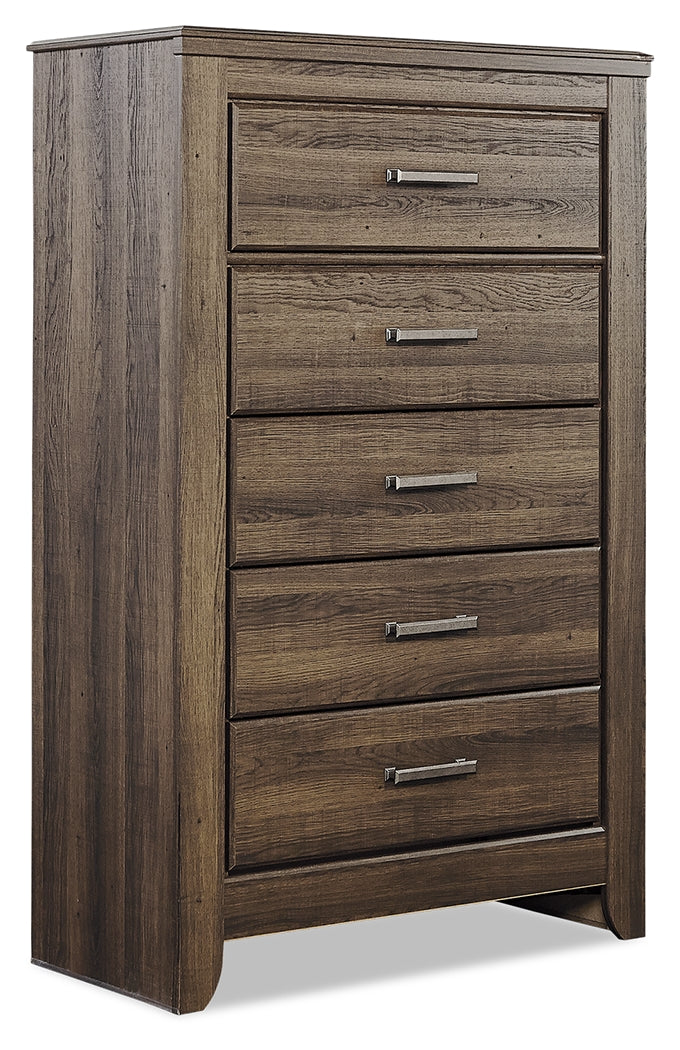 Juararo King Panel Bed with Mirrored Dresser, Chest and Nightstand in Dark Brown - PKG004073