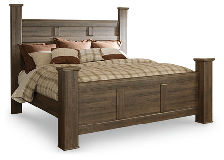 Juararo King Poster Bed with Mirrored Dresser and Nightstand in Dark Brown from Ashley - Luna Furniture