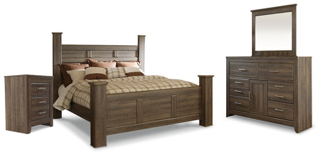 Juararo King Poster Bed with Mirrored Dresser and Nightstand in Dark Brown from Ashley - Luna Furniture