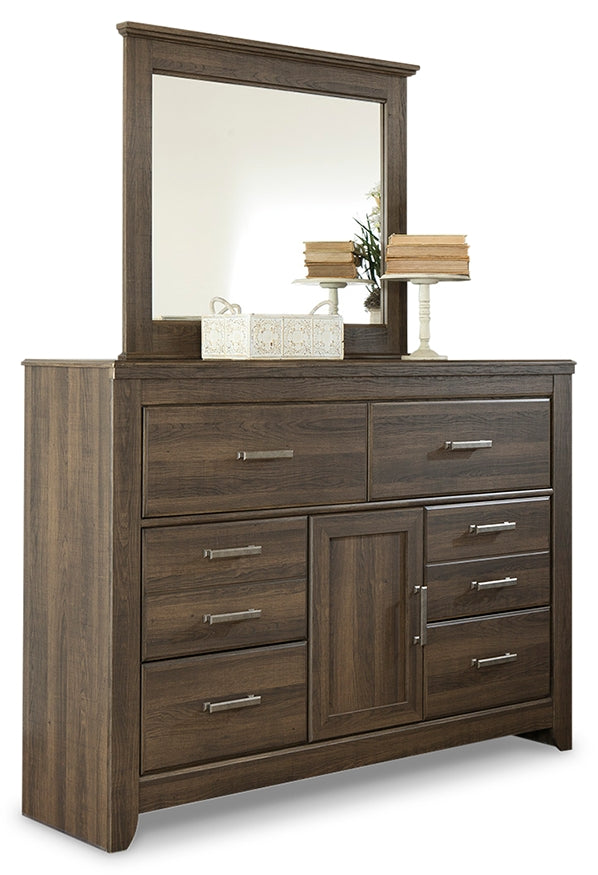 Juararo King Poster Bed with Mirrored Dresser, Chest and 2 Nightstands in Dark Brown - PKG004040