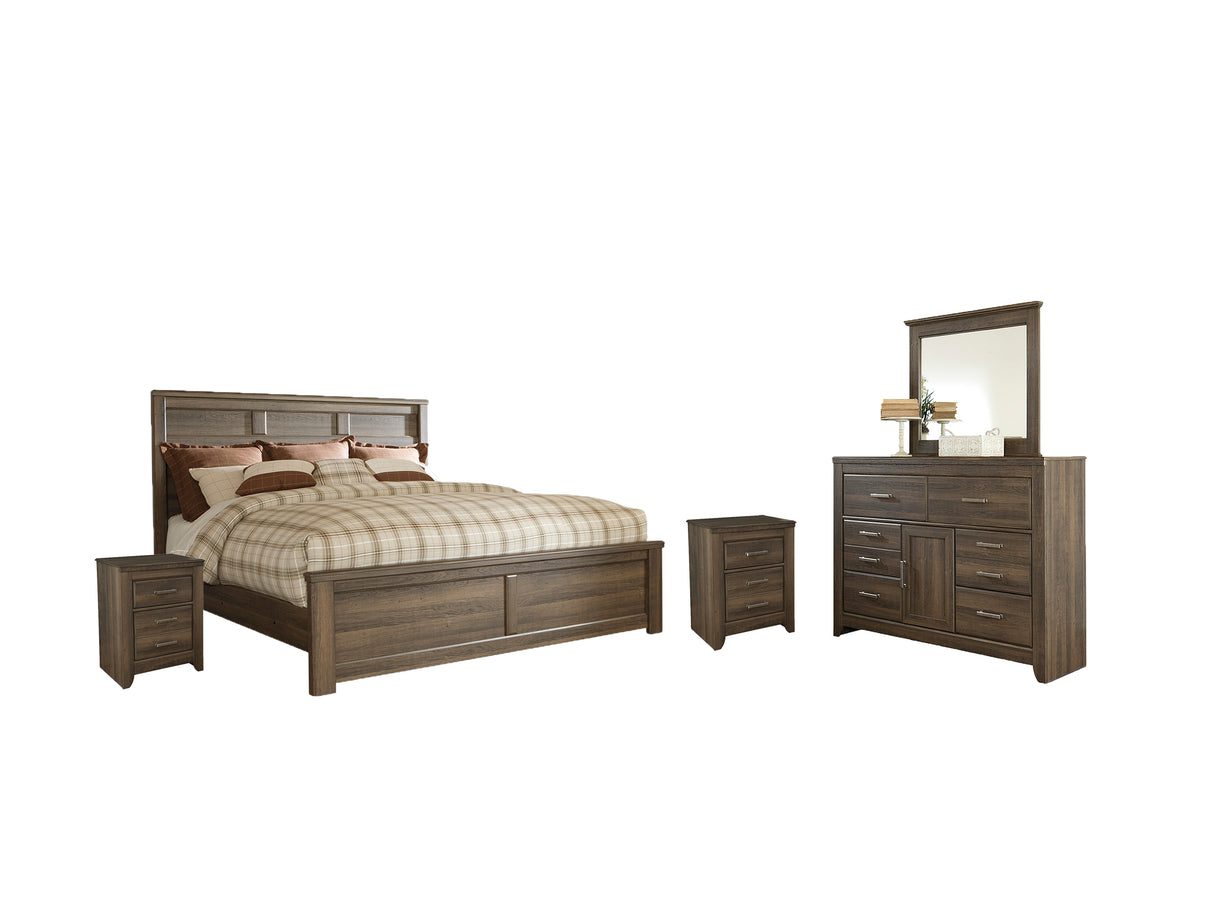 Juararo Queen Panel Bed with Mirrored Dresser and 2 Nightstands in Dark Brown - PKG004083