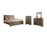 Juararo Queen Panel Bed with Mirrored Dresser and Chest in Dark Brown - PKG004084