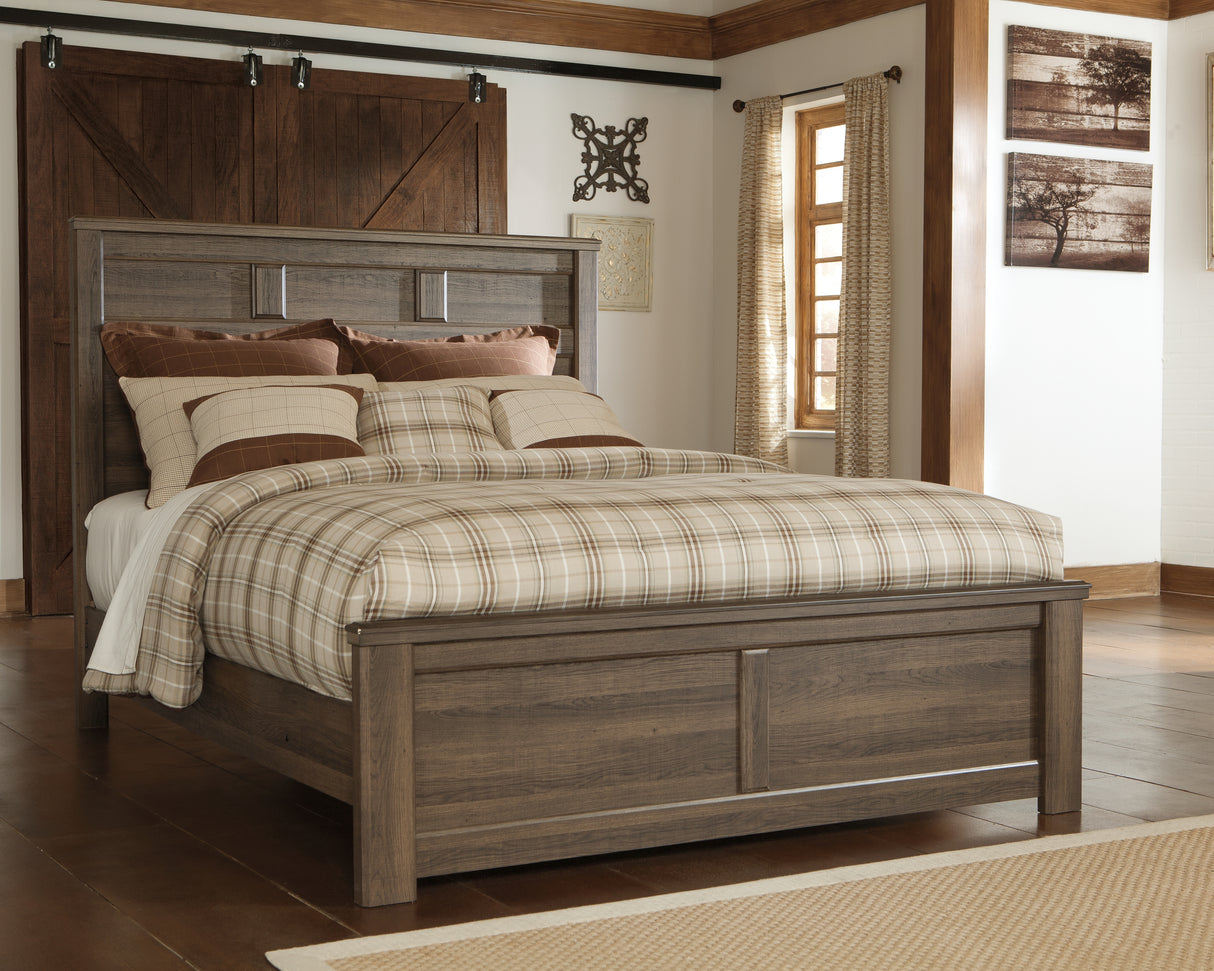 Juararo Queen Panel Bed with Mirrored Dresser and Chest in Dark Brown - PKG004084