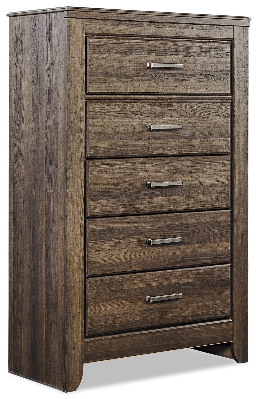 Juararo Queen Panel Bed with Mirrored Dresser and Chest in Dark Brown - PKG004084