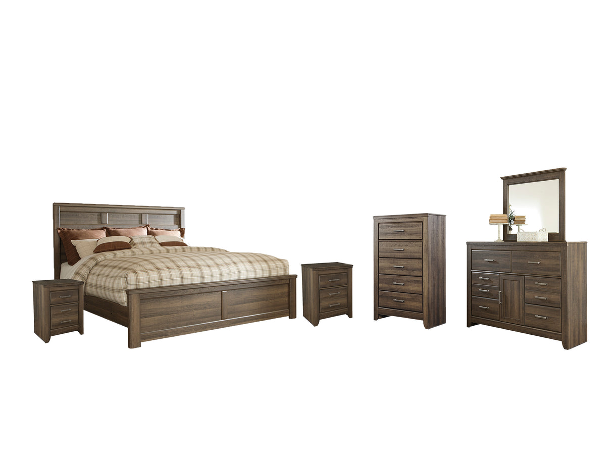 Juararo Queen Panel Bed with Mirrored Dresser, Chest and 2 Nightstands in Dark Brown - PKG004086