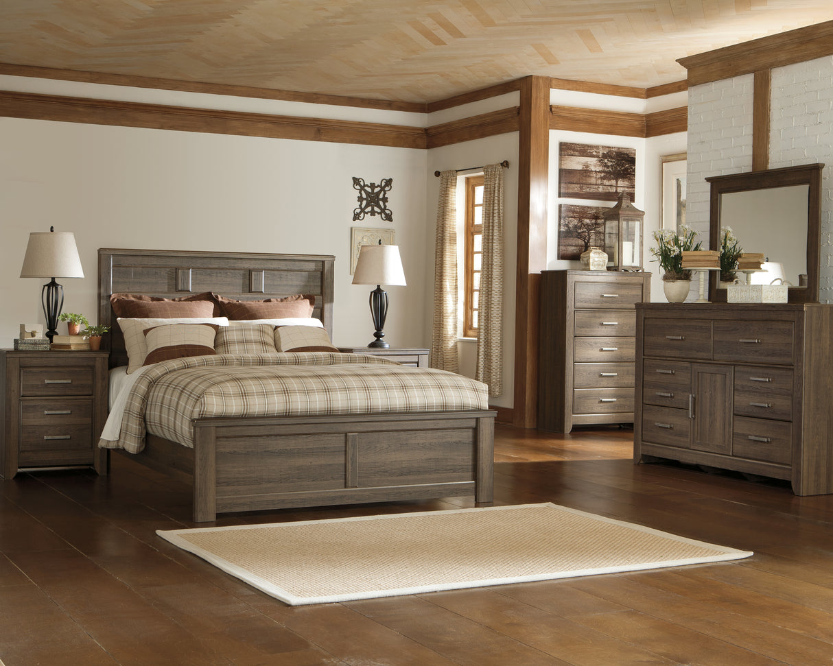 Juararo Queen Panel Bed with Mirrored Dresser, Chest and 2 Nightstands in Dark Brown - PKG004086