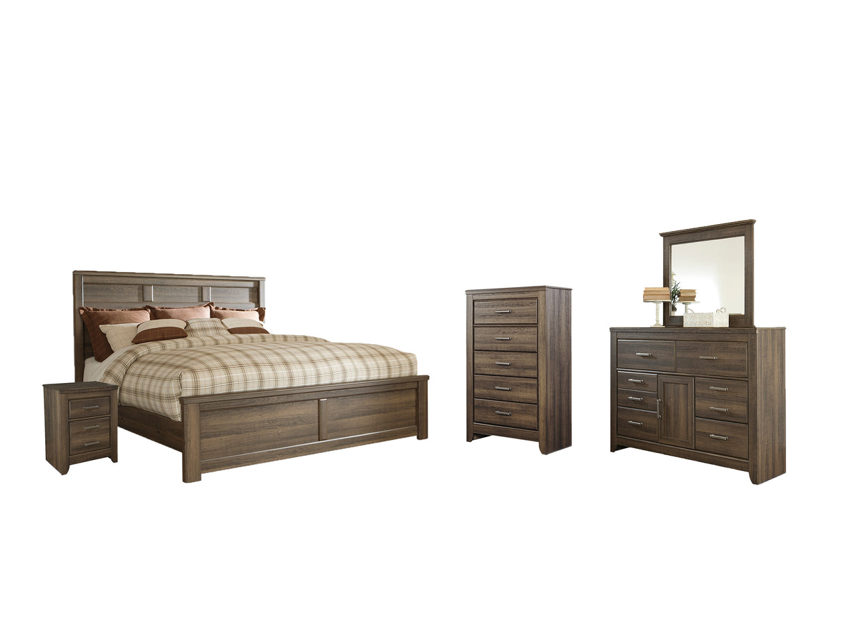 Juararo Queen Panel Bed with Mirrored Dresser, Chest and Nightstand in Dark Brown - PKG004085