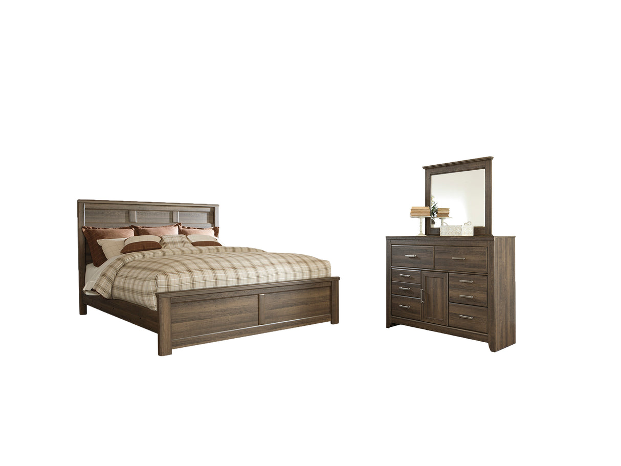 Juararo Queen Panel Bed with Mirrored Dresser in Dark Brown - PKG004082