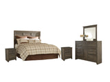 Juararo Queen Panel Headboard Bed with Mirrored Dresser and 2 Nightstands in Dark Brown - PKG004025