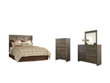 Juararo Queen Panel Headboard Bed with Mirrored Dresser and Chest in Dark Brown - PKG004026