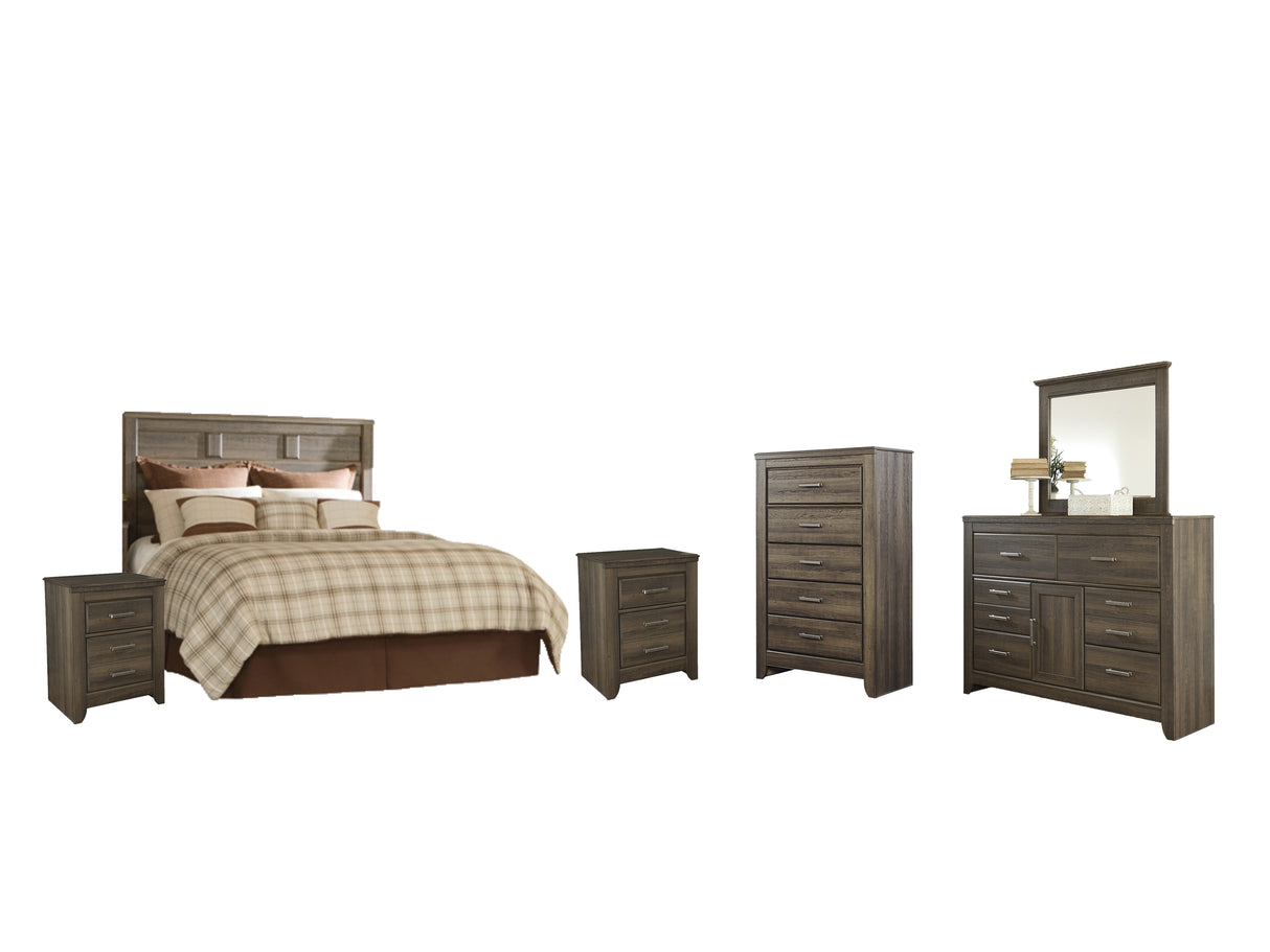 Juararo Queen Panel Headboard Bed with Mirrored Dresser, Chest and 2 Nightstands in Dark Brown - PKG004028