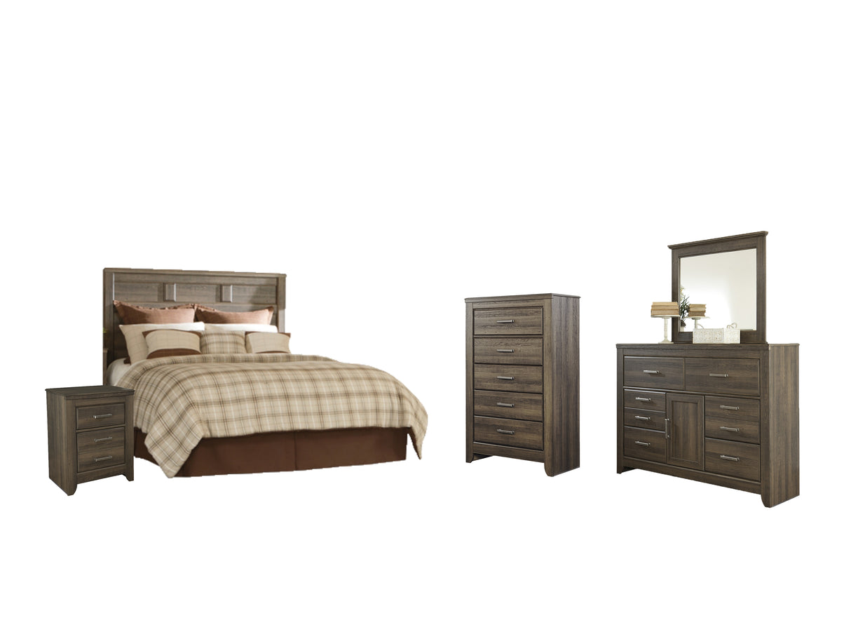 Juararo Queen Panel Headboard Bed with Mirrored Dresser, Chest and Nightstand in Dark Brown - PKG004027