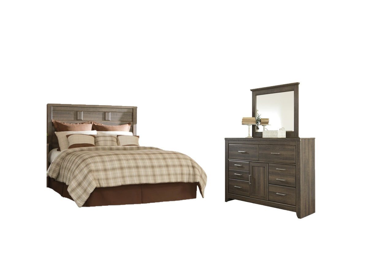 Juararo Queen Panel Headboard Bed with Mirrored Dresser in Dark Brown - PKG004024