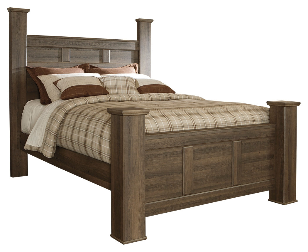 Juararo Queen Poster Bed with Mirrored Dresser and 2 Nightstands in Dark Brown - PKG000026