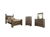 Juararo Queen Poster Bed with Mirrored Dresser and Chest in Dark Brown - PKG004066