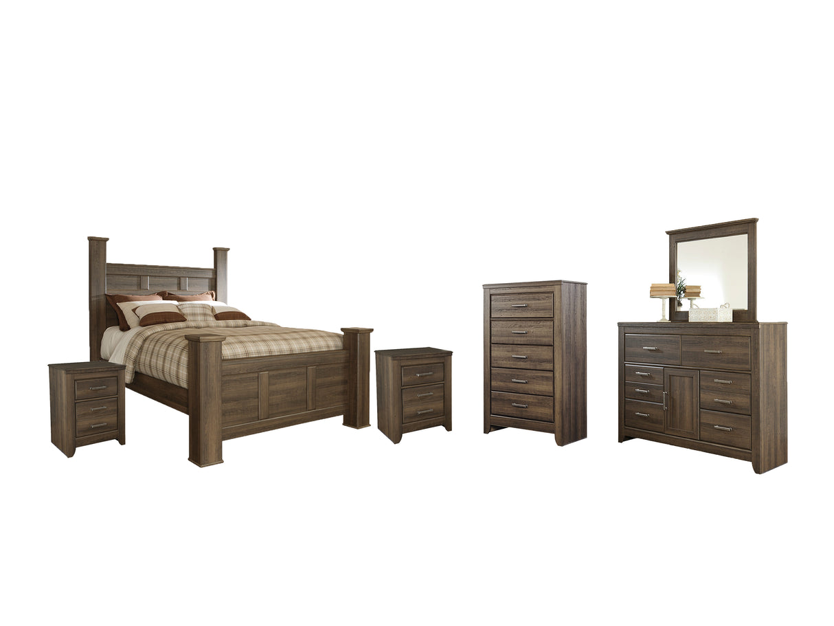 Juararo Queen Poster Bed with Mirrored Dresser, Chest and 2 Nightstands in Dark Brown - PKG004068