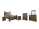 Juararo Queen Poster Bed with Mirrored Dresser, Chest and 2 Nightstands in Dark Brown - PKG004068