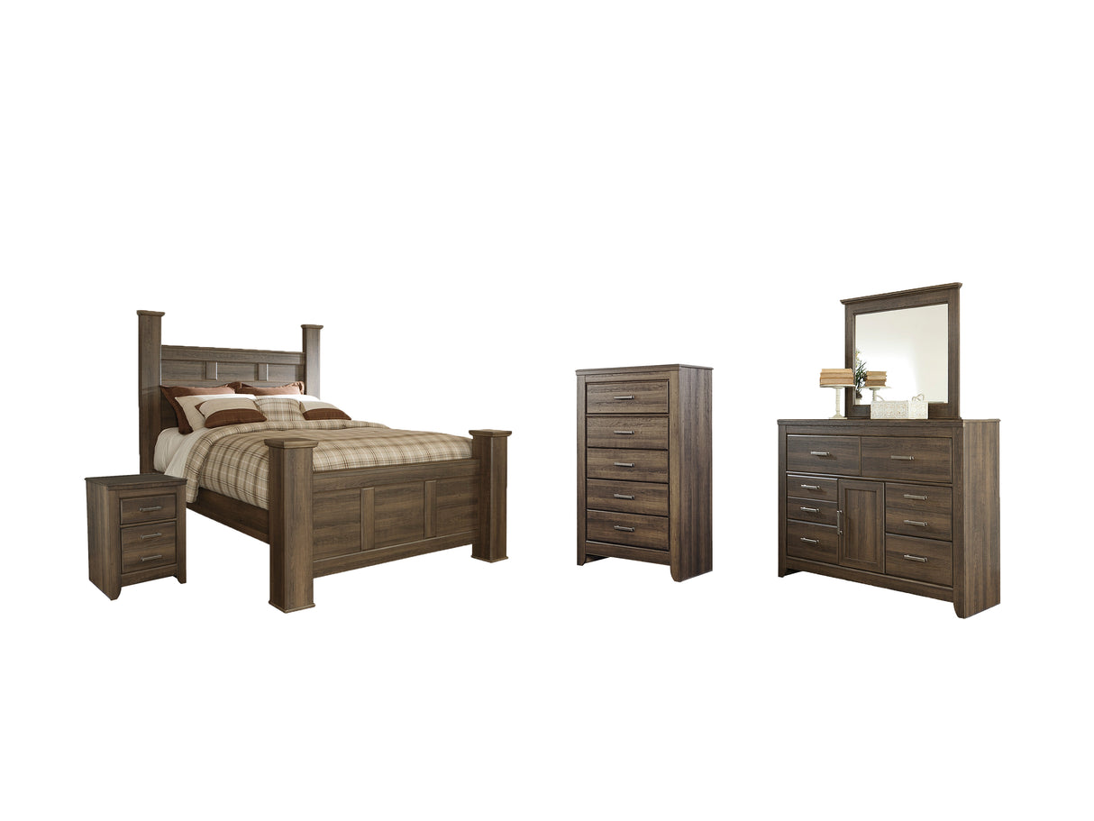 Juararo Queen Poster Bed with Mirrored Dresser, Chest and Nightstand in Dark Brown - PKG004067