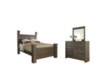 Juararo Queen Poster Bed with Mirrored Dresser in Dark Brown - PKG004065