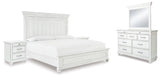 Kanwyn King Panel Bed with Mirrored Dresser and 2 Nightstands in Whitewash - PKG007948