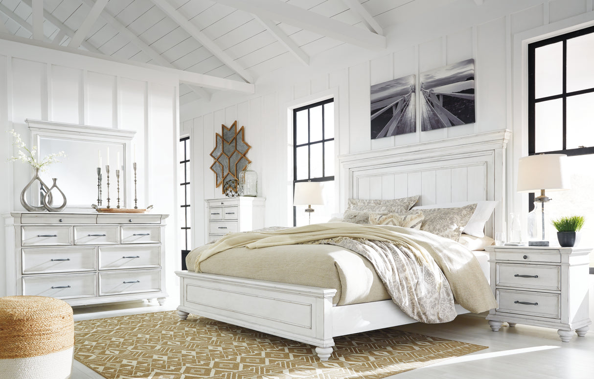 Kanwyn King Panel Bed with Mirrored Dresser and 2 Nightstands in Whitewash - PKG007948