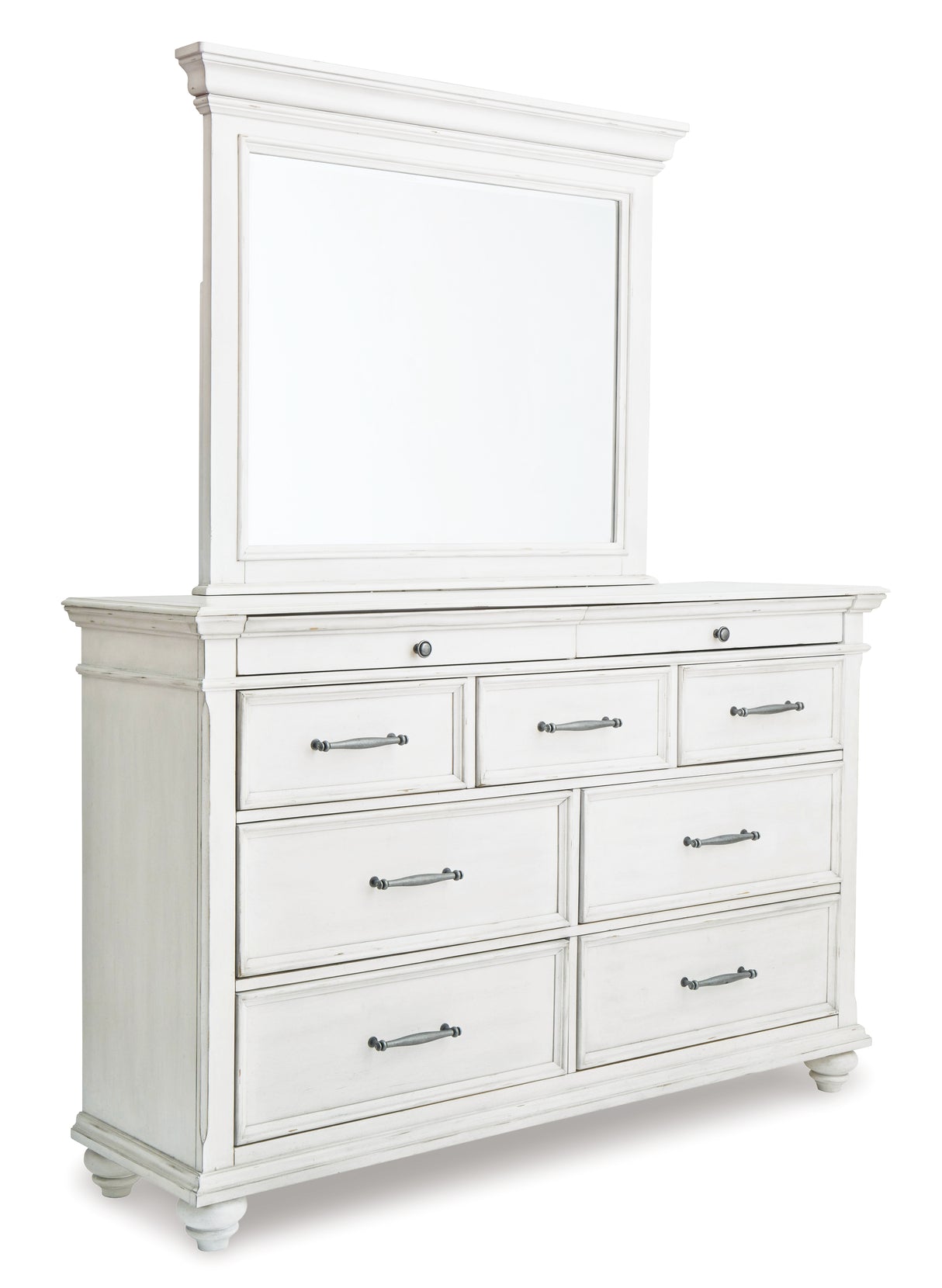 Kanwyn King Panel Bed with Mirrored Dresser and 2 Nightstands in Whitewash - PKG007948