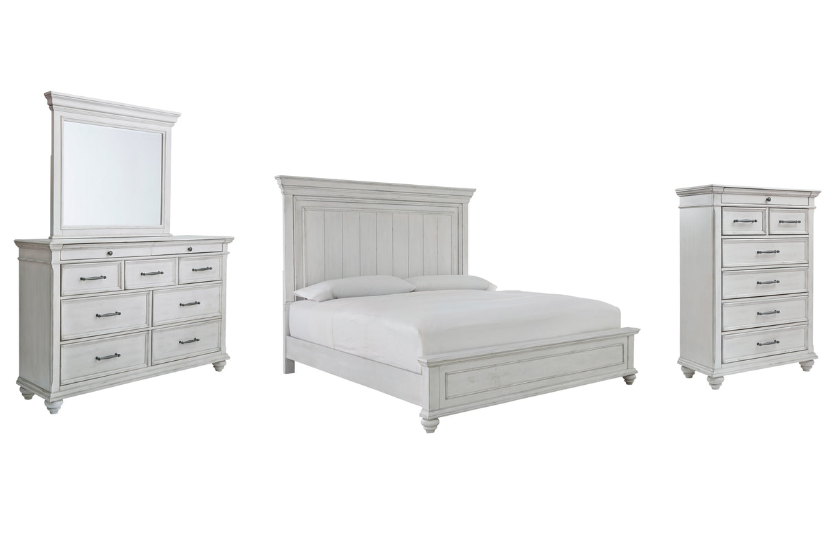 Kanwyn King Panel Bed with Mirrored Dresser and Chest in Whitewash - PKG007945