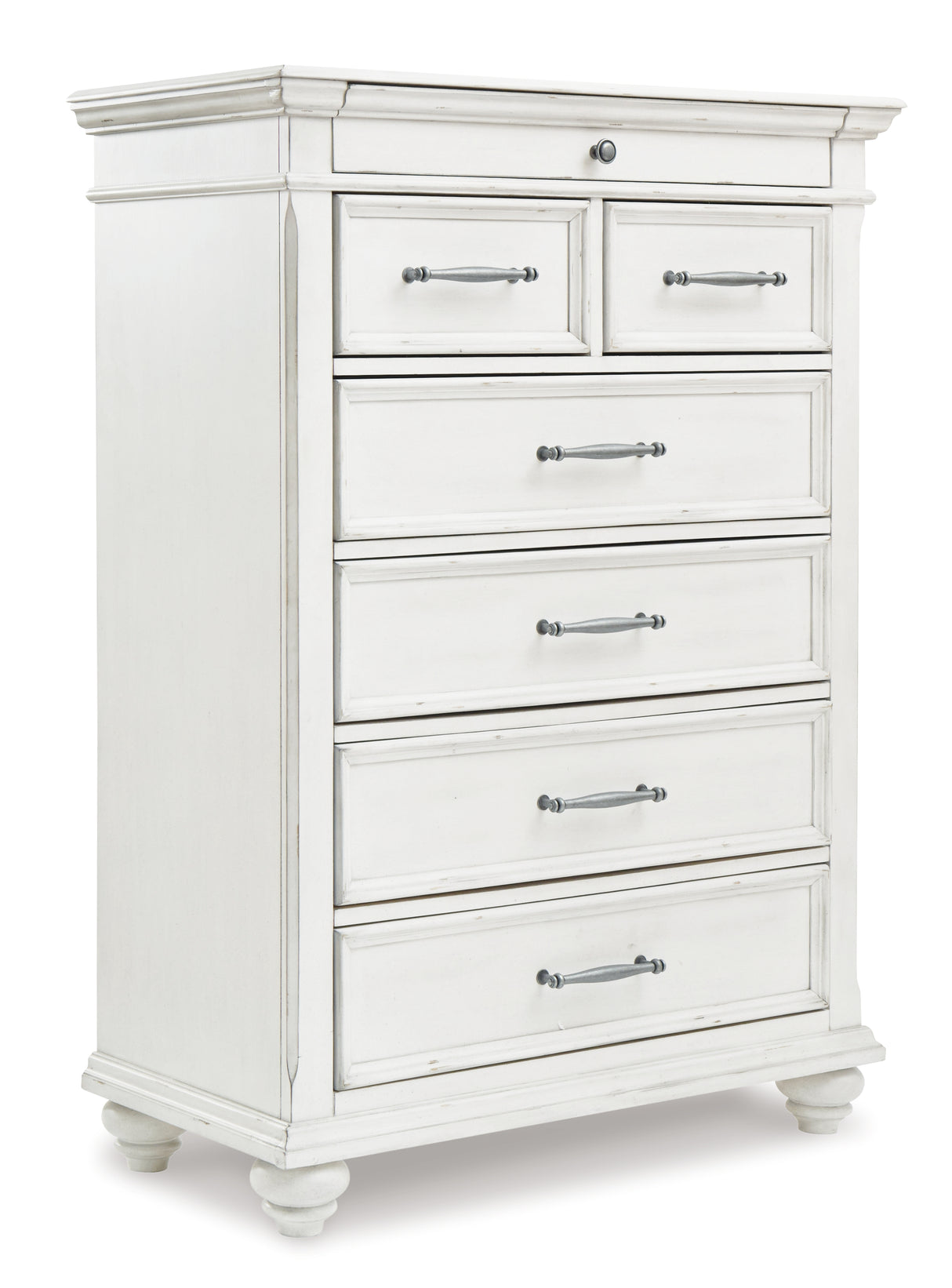 Kanwyn King Panel Bed with Mirrored Dresser and Chest in Whitewash - PKG007945