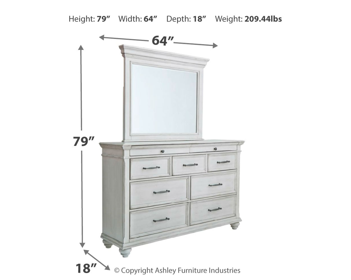 Kanwyn King Panel Bed with Mirrored Dresser and Chest in Whitewash - PKG007945