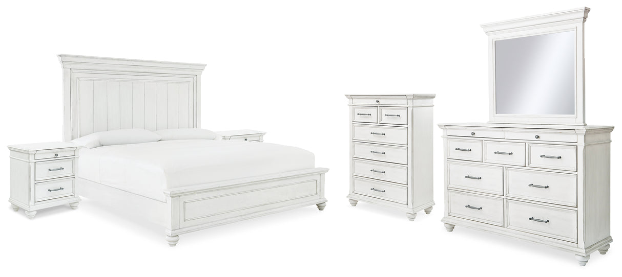 Kanwyn King Panel Bed with Mirrored Dresser, Chest and 2 Nightstands in Whitewash - PKG007947