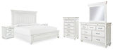 Kanwyn King Panel Bed with Mirrored Dresser, Chest and 2 Nightstands in Whitewash - PKG007947