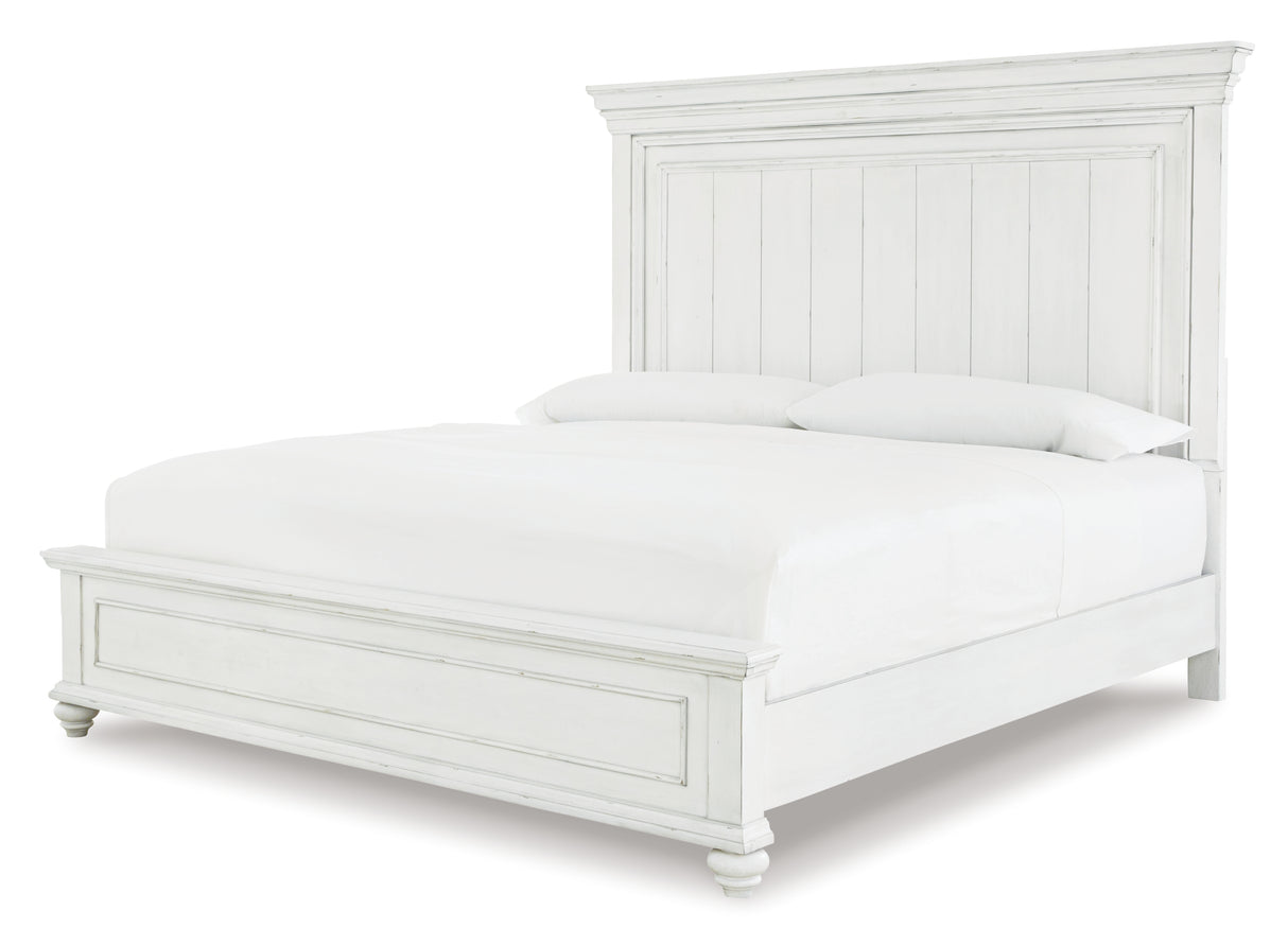 Kanwyn King Panel Bed with Mirrored Dresser, Chest and 2 Nightstands in Whitewash - PKG007947