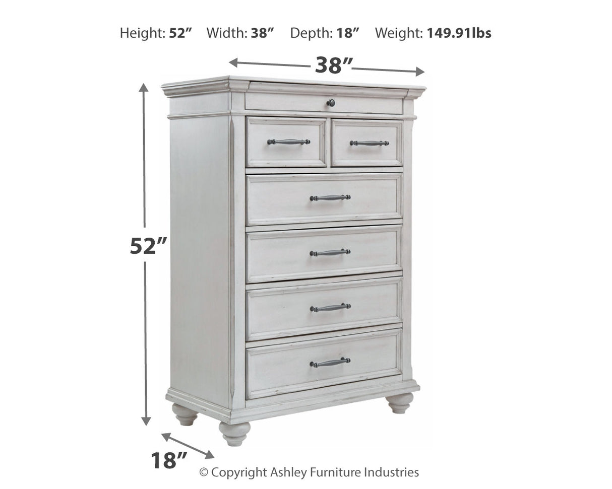 Kanwyn King Panel Bed with Mirrored Dresser, Chest and 2 Nightstands in Whitewash - PKG007947