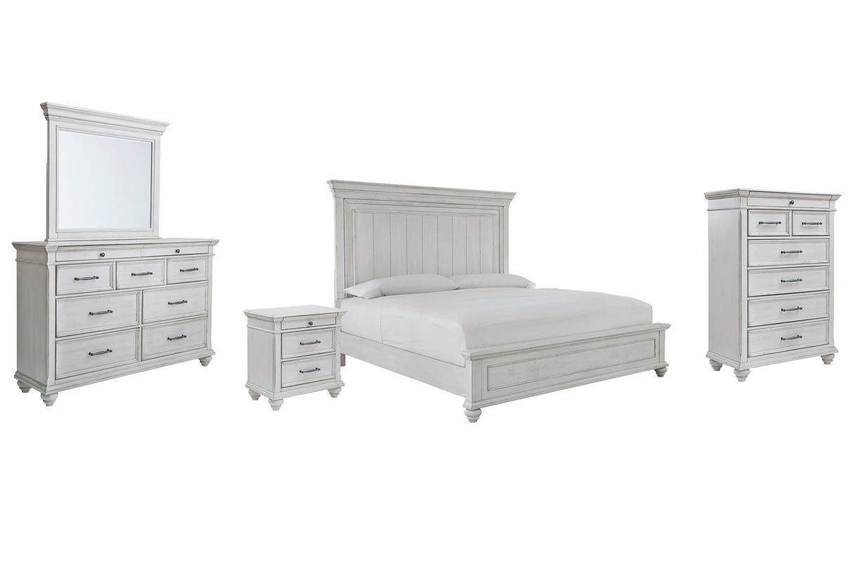 Kanwyn King Panel Bed with Mirrored Dresser, Chest and Nightstand in Whitewash - PKG007946