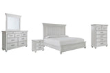 Kanwyn King Panel Bed with Mirrored Dresser, Chest and Nightstand in Whitewash - PKG007946