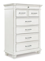 Kanwyn King Panel Bed with Mirrored Dresser, Chest and Nightstand in Whitewash - PKG007946