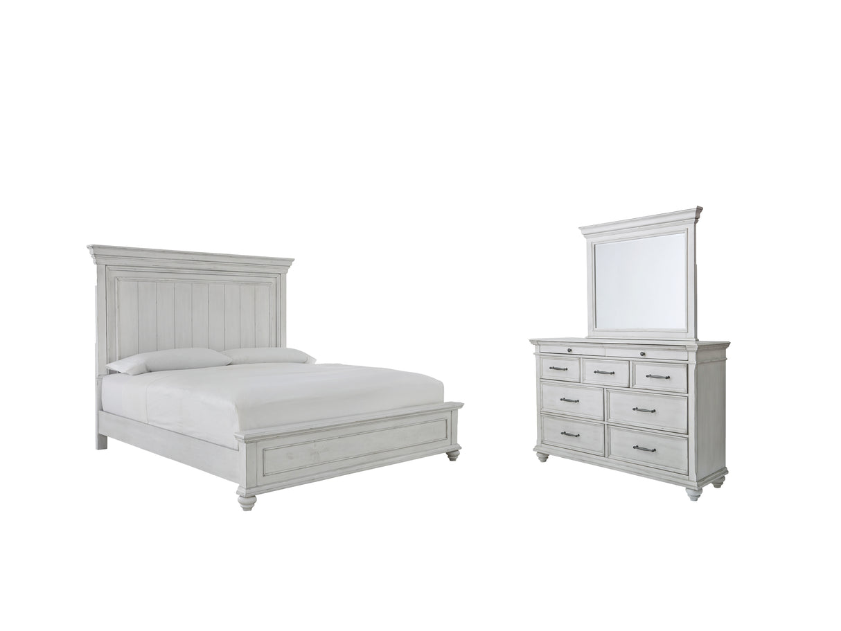 Kanwyn King Panel Bed with Mirrored Dresser in Whitewash - PKG007944