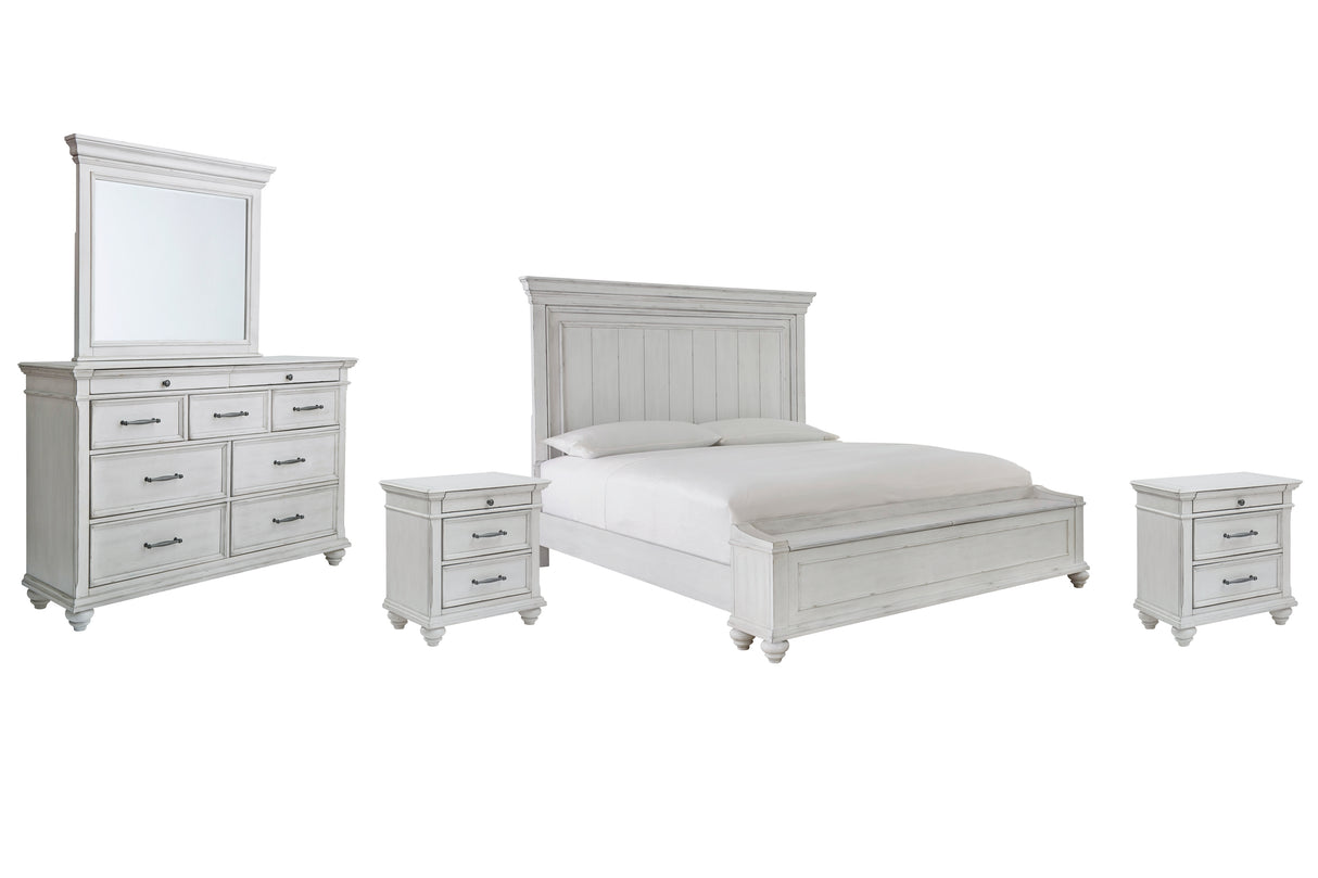 Kanwyn King Panel Bed with Storage with Mirrored Dresser and 2 Nightstands in Whitewash - PKG007954