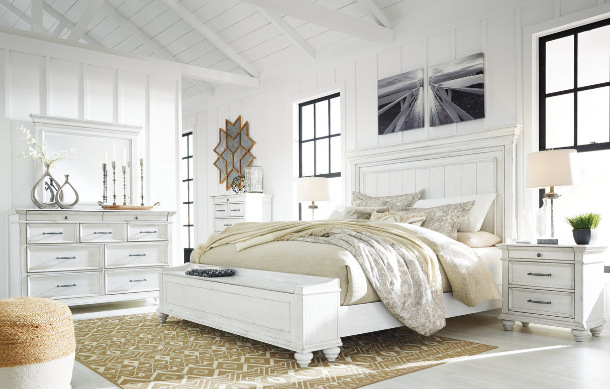 Kanwyn King Panel Bed with Storage with Mirrored Dresser and 2 Nightstands in Whitewash - PKG007954