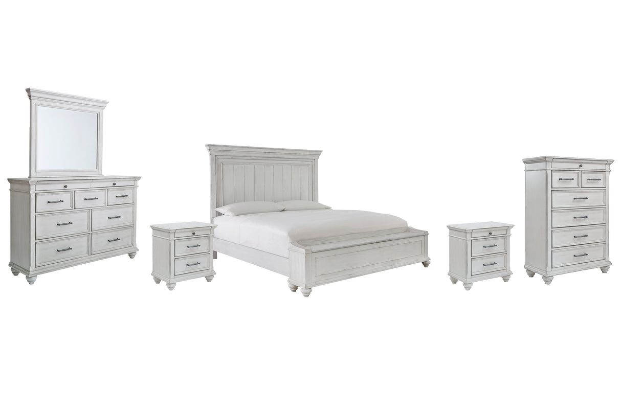 Kanwyn King Panel Bed with Storage with Mirrored Dresser, Chest and 2 Nightstands in Whitewash - PKG007953